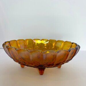 Vintage Indiana Carnival Glass Amber Footed Bowl – 7.75" H x 8.5" W Iridescent D